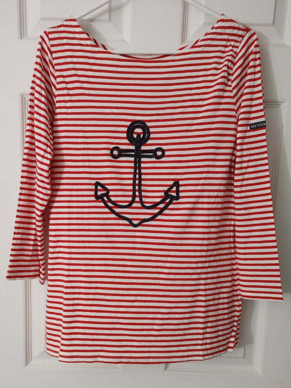 Gretchen Scott, Women Nautical Anchor Stripe Top Red White, 3/4 Sleeve, XS ,NWT
